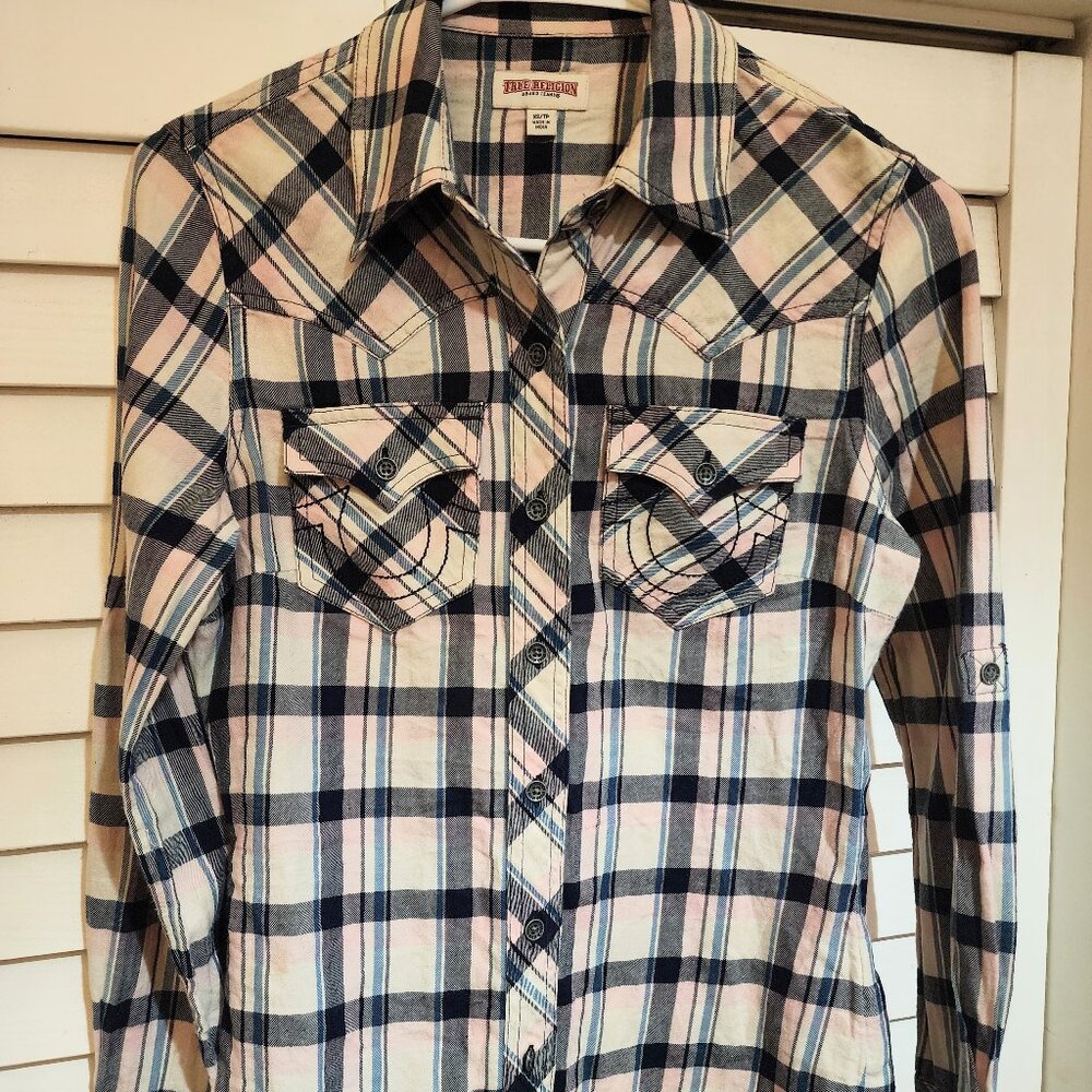True Religion Flannel Button up Plaid Western Pink XS Womens Shirt Extra Small